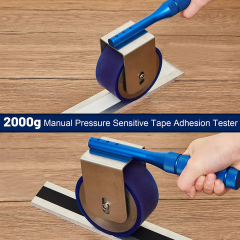 2000g Manual Pressure Sensitive Tape Adhesion Tester With Steel Roller Wheel For Peel Strength And Holding Force Testing Built In 2000g Standard Load For Uniform Tape Adhesion On Steel Plate Durable Pro Grade Tool, blue handle on tape