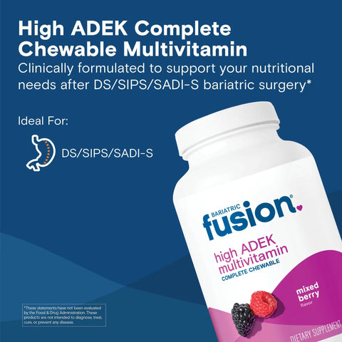 Chewable Multivitamin For Duodenal Switch Patients With High ADEK, Iron And Calcium, Mixed Berry Flavor, Easy To Chew Tablets, Yummy Taste For Daily Use, One Month Supply, Non GMO bottle