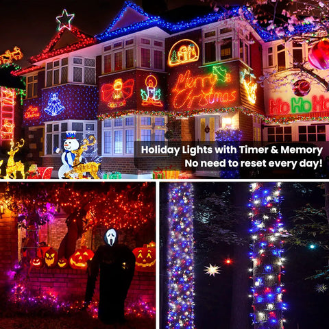 164 Ft 500 LED RGB Color Changing String Lights With Remote Dimmable Indoor Outdoor Fairy Lights Party Ready Multicolor Vibe For Christmas And Independence Day Decor on house and trees.