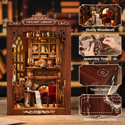 Twilight Library Edition DIY Book Nook Kit With LED Lights for Adults and Teens, miniature wooden library with warm LED glow.