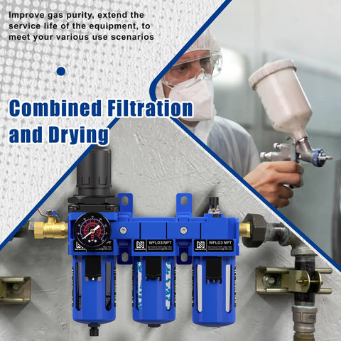 Three Eighths Inch NPT Air Compressor Water Separator Filter Regulator Lubricator Combo with brass filter and metal bracket