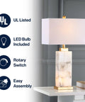 White Gold Modern Alabaster Rectangular Table Lamp With Night Light For Bedroom Coastal Vibe Bedside Lamp With White Linen Shade Includes LED Bulbs And Easy Fit Standard Socket For Modern Living Rooms And Bedrooms shown with LED bulb feature