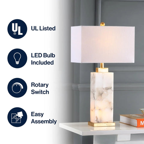 White Gold Modern Alabaster Rectangular Table Lamp With Night Light For Bedroom Coastal Vibe Bedside Lamp With White Linen Shade Includes LED Bulbs And Easy Fit Standard Socket For Modern Living Rooms And Bedrooms shown with LED bulb feature