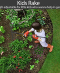 Child using a kid-sized rake in a vibrant garden, adjustable for children's gardening activities.