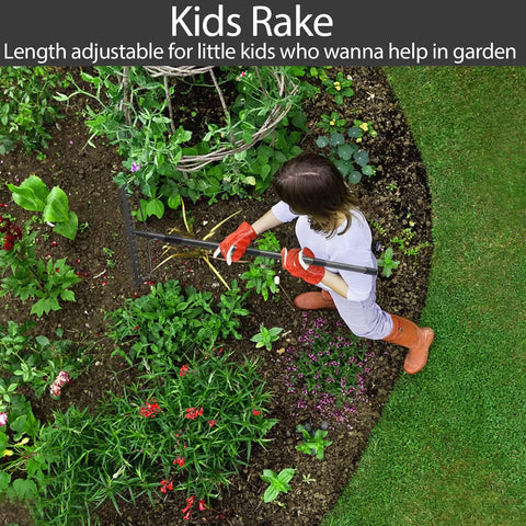 Child using a kid-sized rake in a vibrant garden, adjustable for children's gardening activities.
