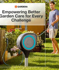 Automatic Retractable Garden Hose Reel With 66 Feet Reach 360 Degree Swivel Metal Spike Base Easy Install No Tool Needed UV Resistant Housing Smooth Auto Rewind And Lock Durable Yard Hose Organizer on grass with man watering