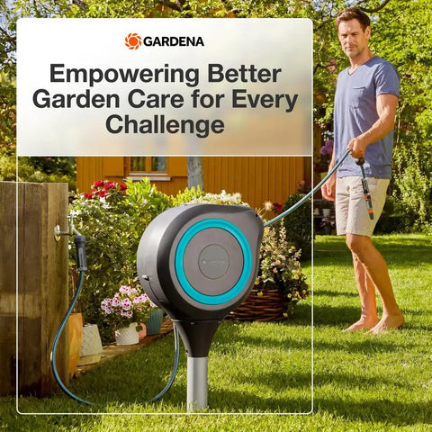 Automatic Retractable Garden Hose Reel With 66 Feet Reach 360 Degree Swivel Metal Spike Base Easy Install No Tool Needed UV Resistant Housing Smooth Auto Rewind And Lock Durable Yard Hose Organizer on grass with man watering