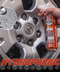 HydroSpin Wheel And Rim Ceramic Coating And Quick Detailer Spray 16 oz applied on chrome wheel for hydrophobic protection