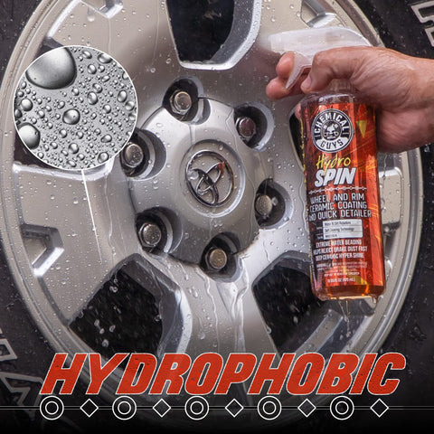 HydroSpin Wheel And Rim Ceramic Coating And Quick Detailer Spray 16 oz applied on chrome wheel for hydrophobic protection