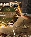 Welding Work Boots For Men With Steel Toe Slip On Safety Boots For Welders And Construction Rugged High Top Boots With All Day Comfort Heavy Duty Work Shoes For Tough Jobs, side view on foot, suede upper, sparks flying.