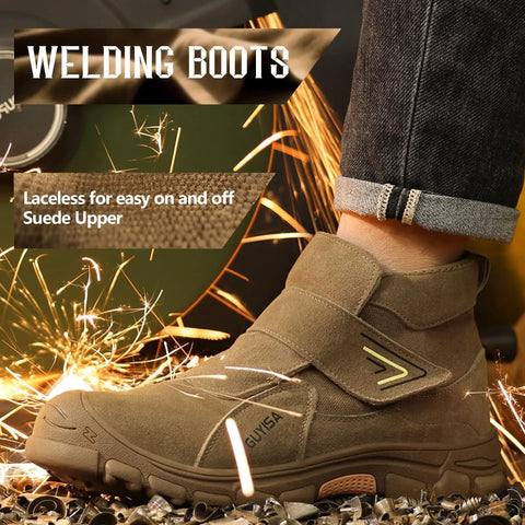 Welding Work Boots For Men With Steel Toe Slip On Safety Boots For Welders And Construction Rugged High Top Boots With All Day Comfort Heavy Duty Work Shoes For Tough Jobs, side view on foot, suede upper, sparks flying.