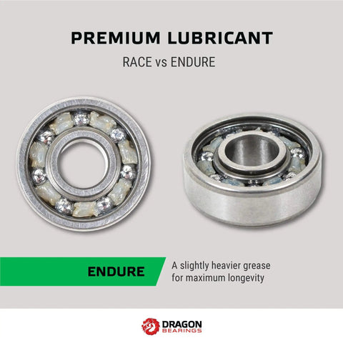 Dragon Roller Skate Bearings 16 Pack Ultra Smooth Endure Pre Lubed All Weather High Performance Inline Skate Bearings For Rollerblades With Lifetime Guarantee showing premium lubricant comparison race vs endure.