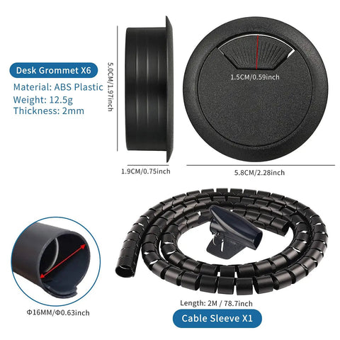 2 Inch Desk Grommet Kit With Bi Metal Hole Saw, 50mm Hole Cover, Cord Wrap, And 2M Cable Sleeve Organizer, shown with dimensions