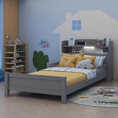 Twin Size Pine Wood Bed With Built In Bookcase Headboard Guardrails And Led Motion Sensor Light Gray Finish For Easy Nighttime Access Sturdy
