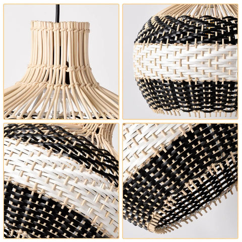 Boho Rattan Pendant Light For Kitchen Island Handmade Woven Chandelier In Black And White Coastal Rustic Lamp detail view