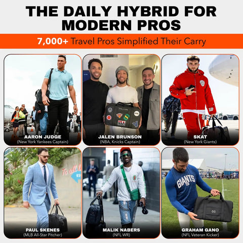 Collage of athletes carrying duffel bags, including 30L Hybrid Weekender Duffel With Garment Bag Shoe Compartment And 18 Inch Laptop Sleeve.