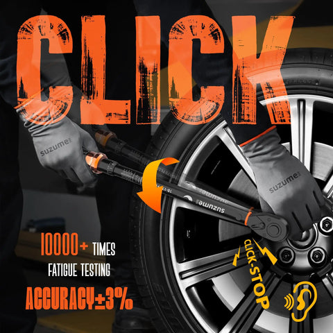 Mechanic using Six Piece Torque Wrench Set With One Half Inch Drive, Three Eighths Inch Drive, And One Quarter Inch Drive on tire