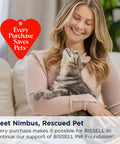 Woman holding a cat with Every Purchase Saves Pets logo, supporting BISSELL Pet Foundation.