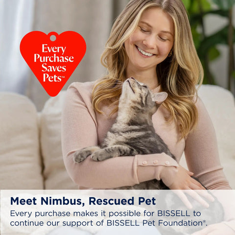 Woman holding a cat with Every Purchase Saves Pets logo, supporting BISSELL Pet Foundation.