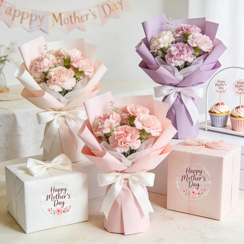 Bouquets of pink and purple carnations in pastel wrapping with Happy Mother's Day gifts and cupcakes on a decorated table.