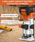 Cordless Wood Router With Brushless Motor, Six Speed Settings From Ten Thousand To Thirty Thousand RPM, 2.5Ah Battery, No-Cord Handy Pocket-Size Trimmer Tool With 1/4-Inch And 3/8-Inch Collets, Great For Detail Work And Cabinet Making. 2.5Ah battery pack
