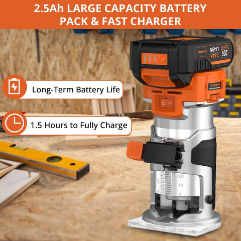 Cordless Wood Router With Brushless Motor, Six Speed Settings From Ten Thousand To Thirty Thousand RPM, 2.5Ah Battery, No-Cord Handy Pocket-Size Trimmer Tool With 1/4-Inch And 3/8-Inch Collets, Great For Detail Work And Cabinet Making. 2.5Ah battery pack