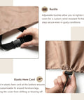 Close-up of adjustable buckle and elastic hem cord on Round Outdoor Table Cover Waterproof Heavy Duty Patio Furniture Cover For 42 Inch Diameter And 28 Inch High Round Tables And Chair Sets Beige And Brown No Fuss All Weather Protection Easy Fit.