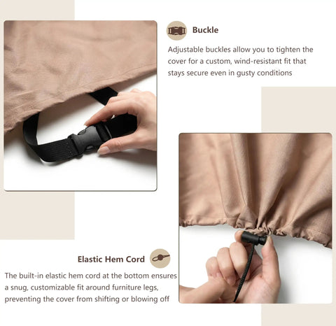 Close-up of adjustable buckle and elastic hem cord on Round Outdoor Table Cover Waterproof Heavy Duty Patio Furniture Cover For 42 Inch Diameter And 28 Inch High Round Tables And Chair Sets Beige And Brown No Fuss All Weather Protection Easy Fit.