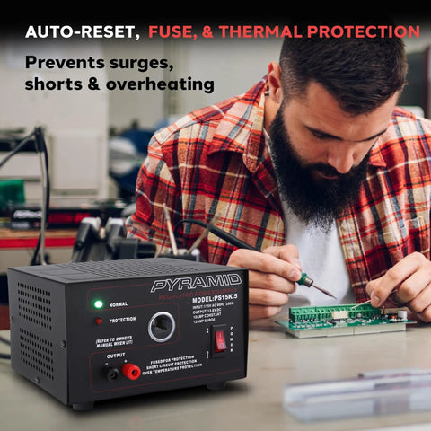 Universal Benchtop Power Supply With 10 Amp Linear Regulation, AC-To-DC Converter for Home Lab in use on electronics bench