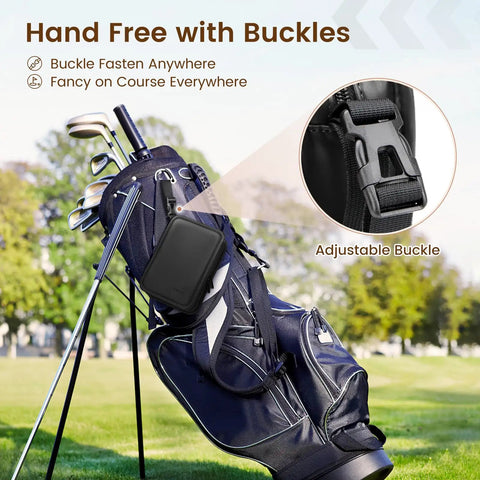 All In One Golf Accessories Kit For Men With Leather Case fastened to golf bag with adjustable buckle on course
