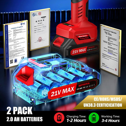 Beastly 700W Brushless Electric Pruning Shears LED display showing dual 21V max batteries with certification documents in background