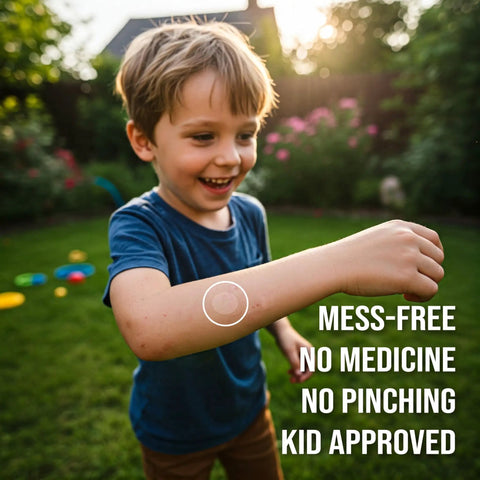 Child with Mosquito Bite Itch Relief Patch For Kids All Natural With Aloe And Witch Hazel, Hydrocolloid Post Bite Patch on arm.