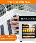 Premium Electric Food Dehydrator Machine With 12 Stackable Trays, featuring stainless steel grid and easy-clean design.