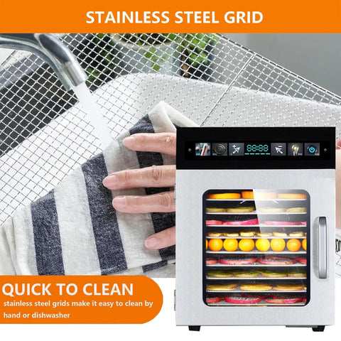 Premium Electric Food Dehydrator Machine With 12 Stackable Trays, featuring stainless steel grid and easy-clean design.