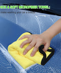 Hand wiping car hood with yellow towel from 62 Inch Car Wash Brush Set With Long Handle And Chenille Microfiber Mitt Kit For Easy Detailing All In One Window Squeegee Drying Towels Tire Brush RV Truck Boat Care Bundle For A Sparkling Shine.