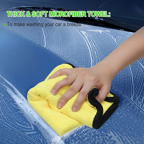 Hand wiping car hood with yellow towel from 62 Inch Car Wash Brush Set With Long Handle And Chenille Microfiber Mitt Kit For Easy Detailing All In One Window Squeegee Drying Towels Tire Brush RV Truck Boat Care Bundle For A Sparkling Shine.