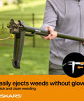 Person using Stand-Up Weed Puller Tool With 4 Serrated Claws, Reinforced Foot Platform, 39 Inch Reach, Easy Eject in garden