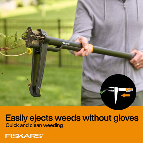 Person using Stand-Up Weed Puller Tool With 4 Serrated Claws, Reinforced Foot Platform, 39 Inch Reach, Easy Eject in garden