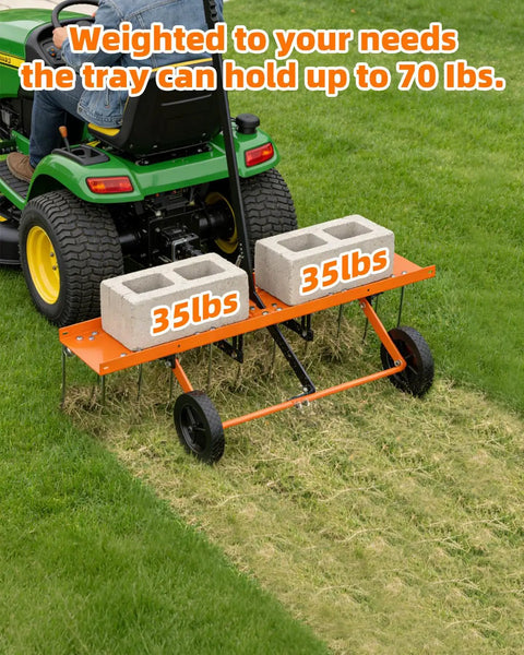 48 Inch Tow Behind Dethatcher For Lawns attached to tractor, heavy-duty rake, 24 rust-proof tines, rugged tow tires, bright orange, holds 70 lbs