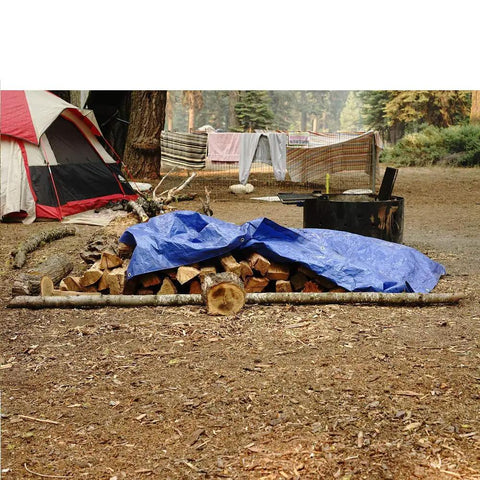 Beefy Waterproof Poly Tarp 9 By 12 Feet With 8x8 Weave And 5 Mil Thickness covering firewood at campsite