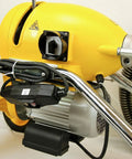 Real Deal Sectional Sewer Snake Machine 1.5 HP Drain Cleaner with motor detail, yellow casing, and power switch.