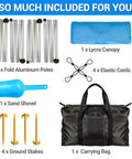 Package contents of Big Family Beach Tent Sun Shelter 11x10 Ft with 12 sandbags, including poles, canopy, cords, shovel, stakes, bag.