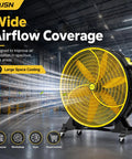 30 Inch Industrial Floor Drum Fan Heavy Duty High Airflow Cooling 3 Speed Settings with dual sided grille in a warehouse setting.