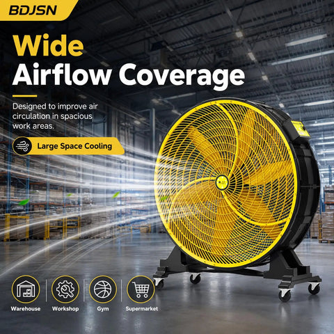 30 Inch Industrial Floor Drum Fan Heavy Duty High Airflow Cooling 3 Speed Settings with dual sided grille in a warehouse setting.