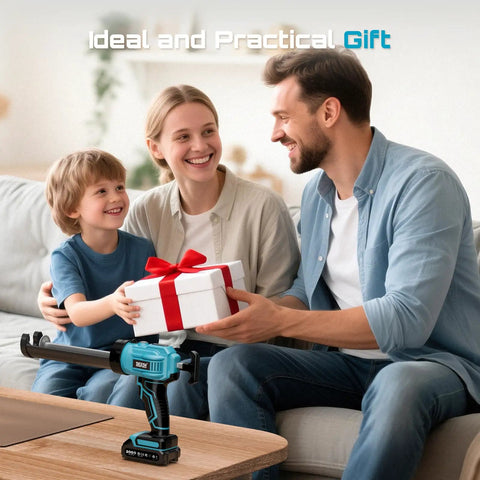 Family exchanging gifts beside Cordless Caulking Gun 21V Battery Powered with Dual 2.0Ah Batteries LED Light Auto Retract Kit on table.