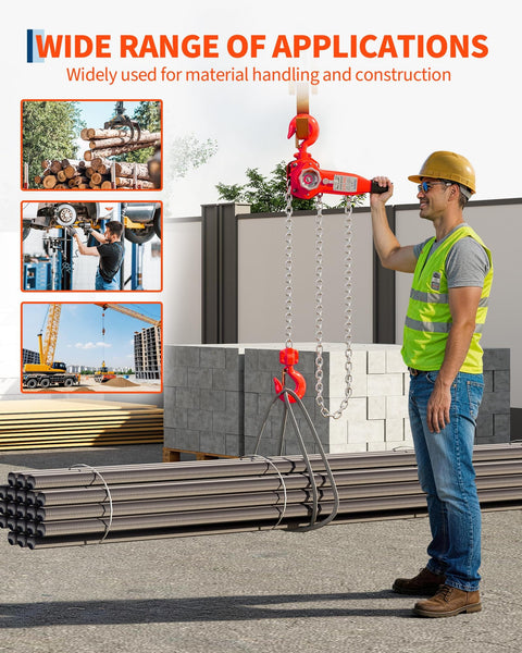 Worker using Beefed Up Heavy Duty Manual Chain Hoist Three Quarter Ton 1650 Lbs for lifting rebar on construction site