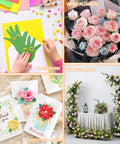 Image with crafting activities including handwork, flower wrapping with roses, greeting cards, and a decorated flower arch.