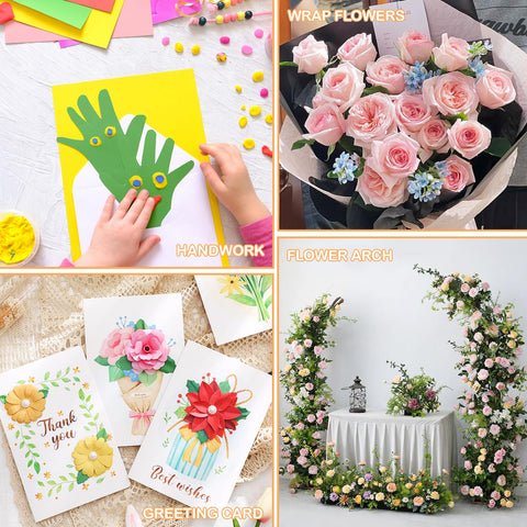 Image with crafting activities including handwork, flower wrapping with roses, greeting cards, and a decorated flower arch.