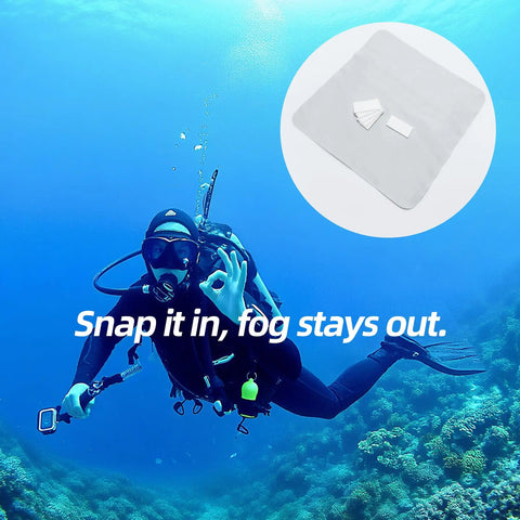 Diver underwater using Anti Fog Inserts for Action Cameras Case Inserts Reusable Moisture Absorbing Strips Defogger Pad Kit with Cleaning Cloth