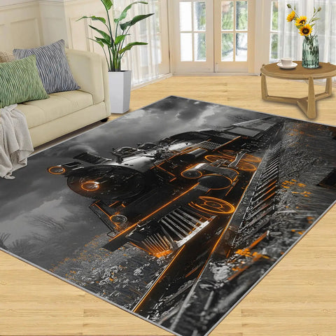 Train Junkie 4x5 Rug For Bedroom And Living Room, Steam Locomotive Design Area Rug in living room setting
